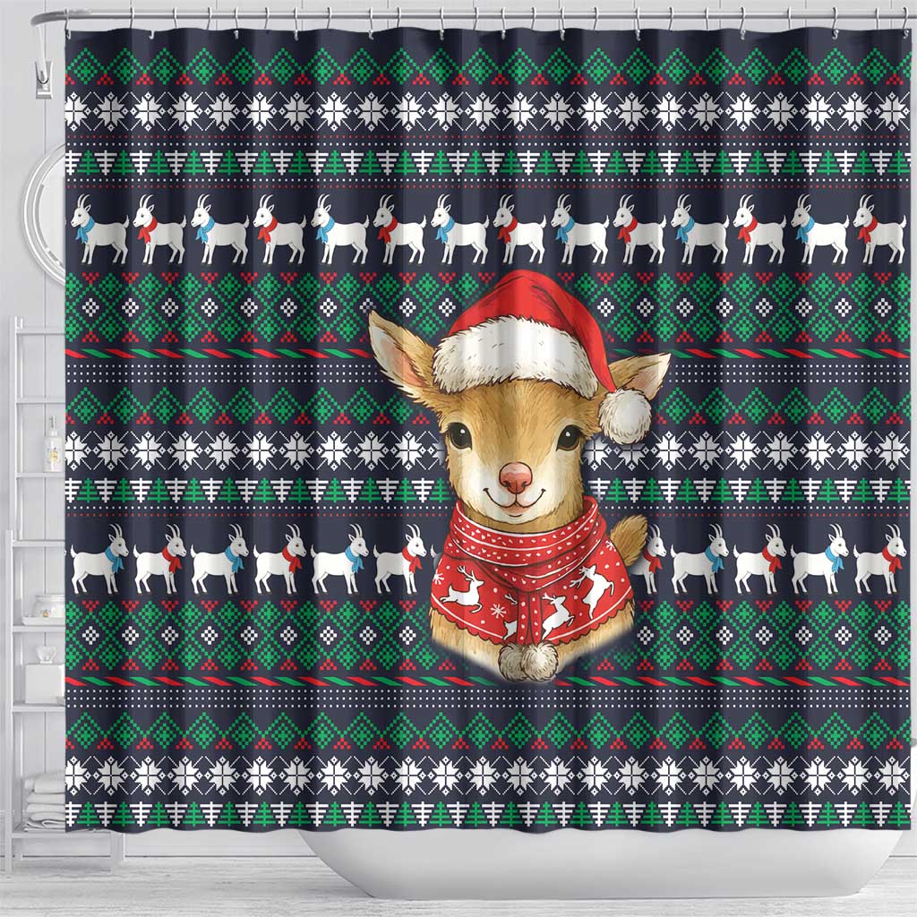 Cute Reindeer in Santa Hat Shower Curtain with Red Green Snowflake Knit Pattern Design - Wonder Print Shop
