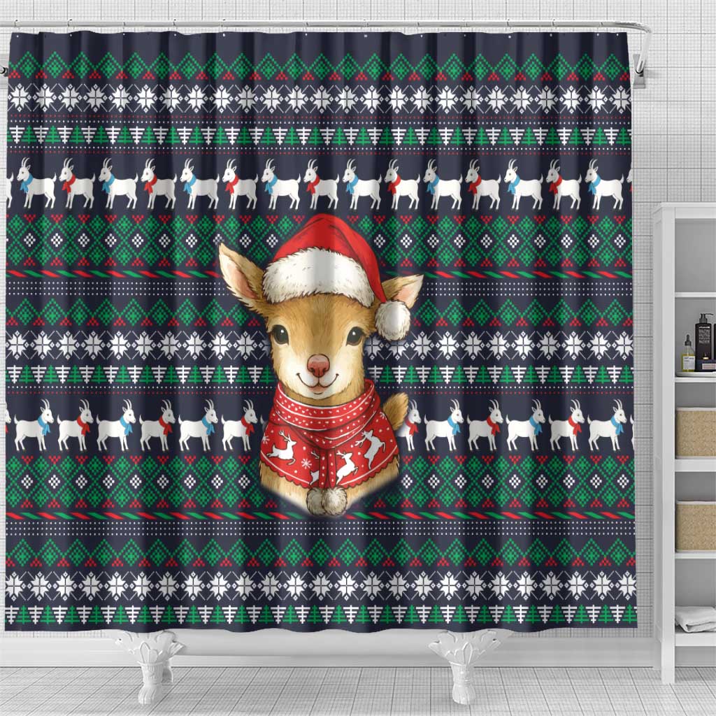 Cute Reindeer in Santa Hat Shower Curtain with Red Green Snowflake Knit Pattern Design - Wonder Print Shop