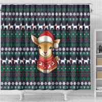 Cute Reindeer in Santa Hat Shower Curtain with Red Green Snowflake Knit Pattern Design - Wonder Print Shop