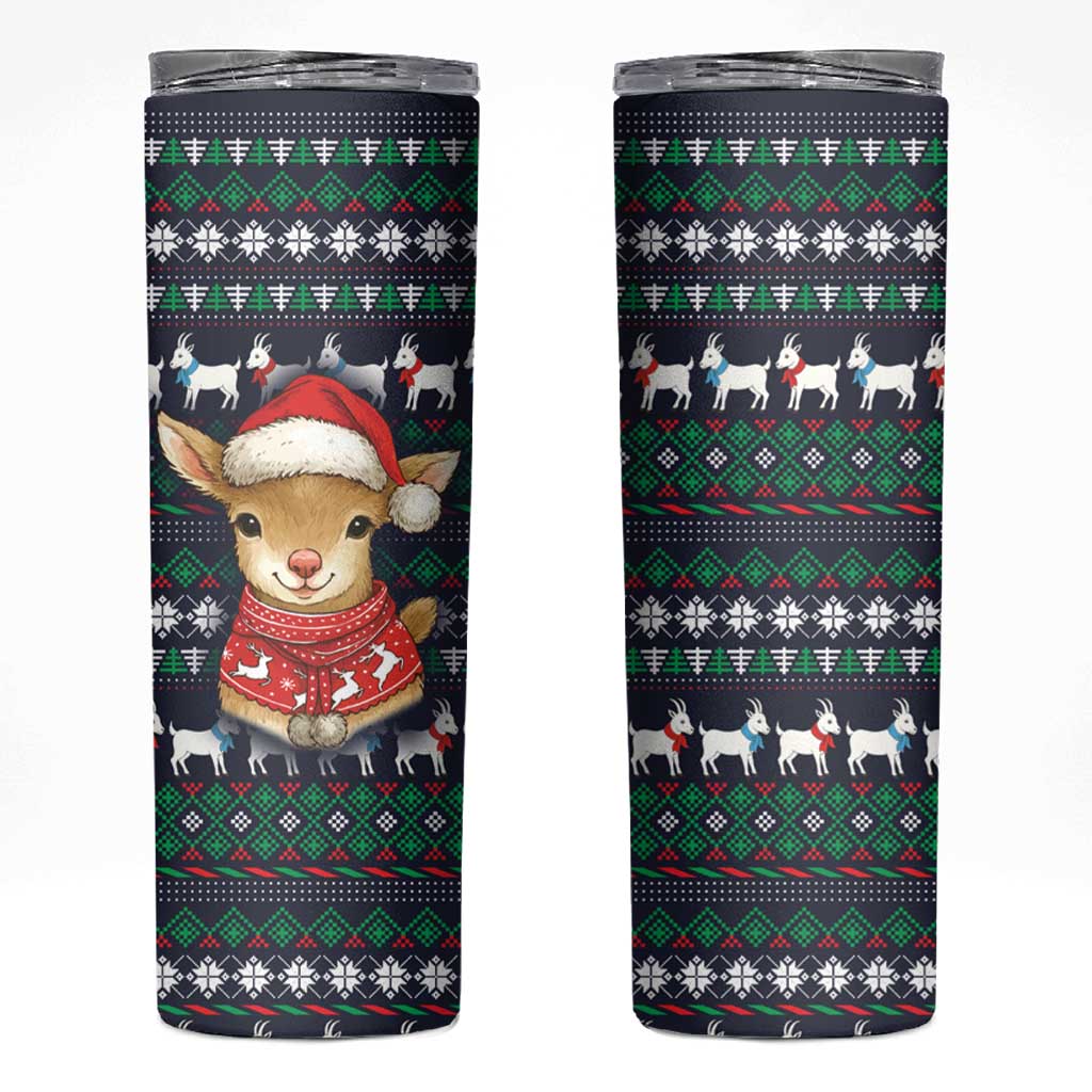 Cute Reindeer in Santa Hat Skinny Tumbler with Red Green Snowflake Knit Pattern Design - Wonder Print Shop