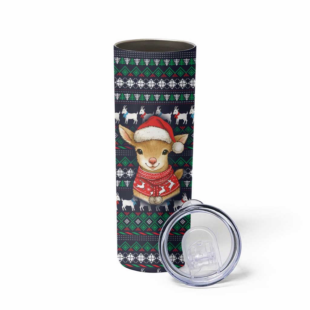 Cute Reindeer in Santa Hat Skinny Tumbler with Red Green Snowflake Knit Pattern Design - Wonder Print Shop