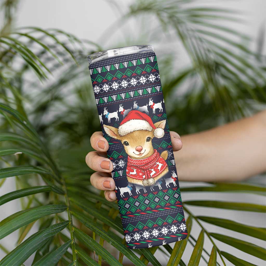 Cute Reindeer in Santa Hat Skinny Tumbler with Red Green Snowflake Knit Pattern Design - Wonder Print Shop