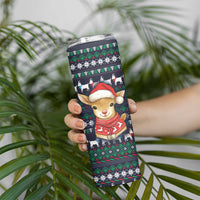 Cute Reindeer in Santa Hat Skinny Tumbler with Red Green Snowflake Knit Pattern Design - Wonder Print Shop