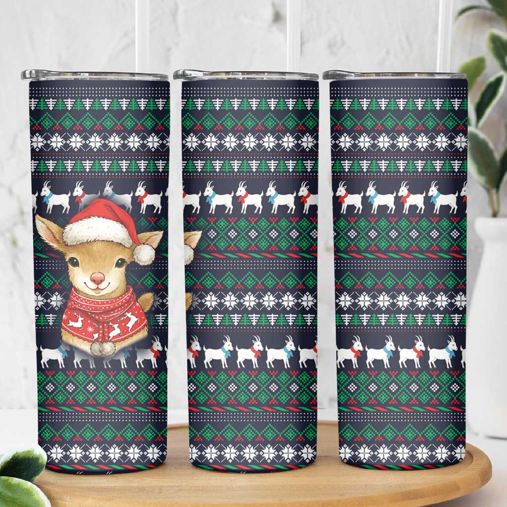 Cute Reindeer in Santa Hat Skinny Tumbler with Red Green Snowflake Knit Pattern Design - Wonder Print Shop