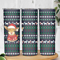 Cute Reindeer in Santa Hat Skinny Tumbler with Red Green Snowflake Knit Pattern Design - Wonder Print Shop