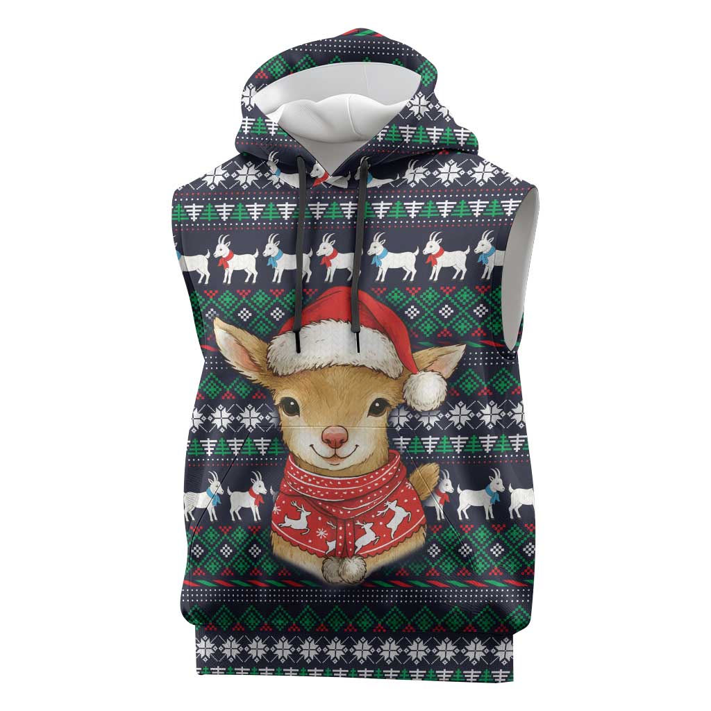 Cute Reindeer in Santa Hat Sleeveless Hoodie with Red Green Snowflake Knit Pattern Design - Wonder Print Shop