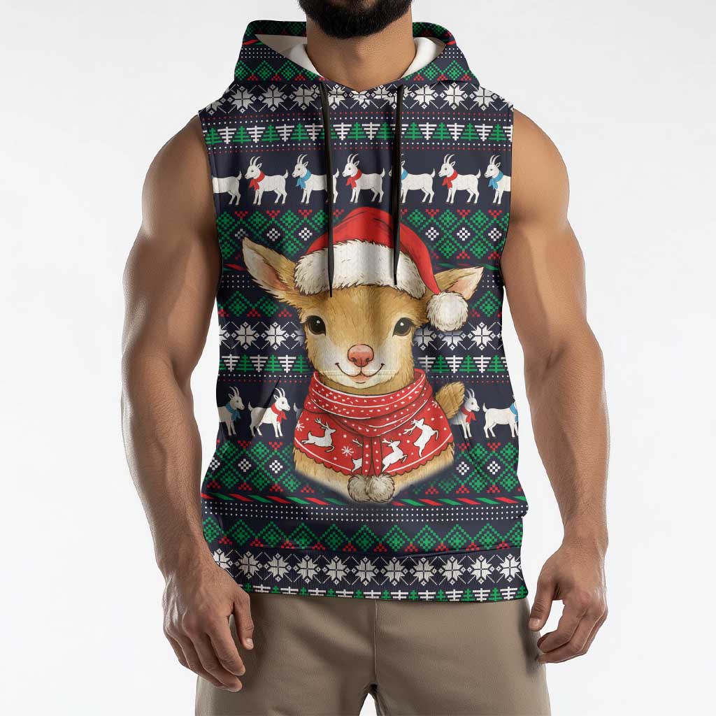 Cute Reindeer in Santa Hat Sleeveless Hoodie with Red Green Snowflake Knit Pattern Design - Wonder Print Shop