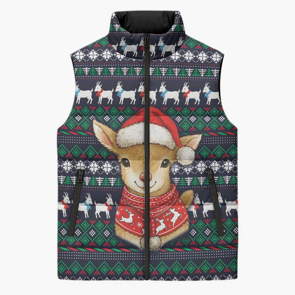 Cute Reindeer in Santa Hat Sleeveless Puffer Jacket with Red Green Snowflake Knit Pattern Design - Wonder Print Shop