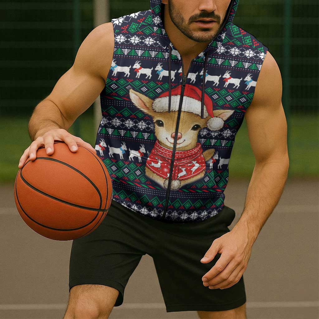 Cute Reindeer in Santa Hat Sleeveless Zip Hoodie with Red Green Snowflake Knit Pattern Design - Wonder Print Shop