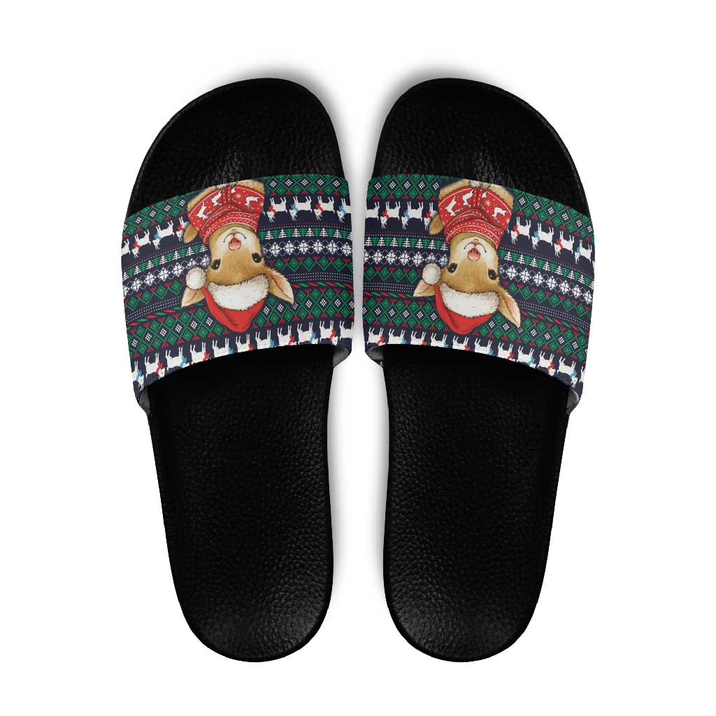 Cute Reindeer in Santa Hat Slide Sandals with Red Green Snowflake Knit Pattern Design - Wonder Print Shop