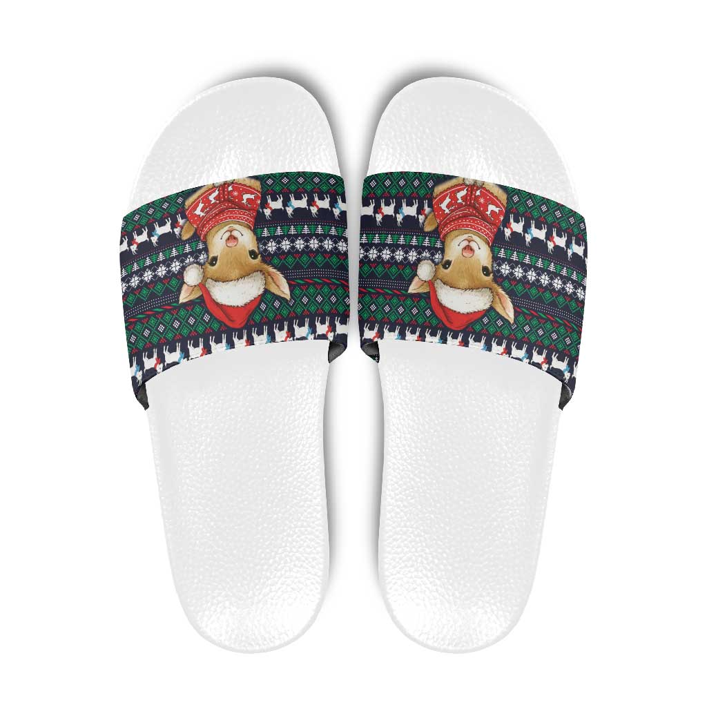 Cute Reindeer in Santa Hat Slide Sandals with Red Green Snowflake Knit Pattern Design - Wonder Print Shop