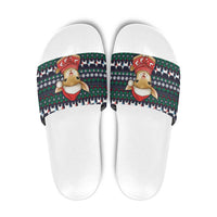 Cute Reindeer in Santa Hat Slide Sandals with Red Green Snowflake Knit Pattern Design - Wonder Print Shop