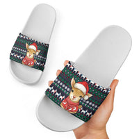 Cute Reindeer in Santa Hat Slide Sandals with Red Green Snowflake Knit Pattern Design - Wonder Print Shop