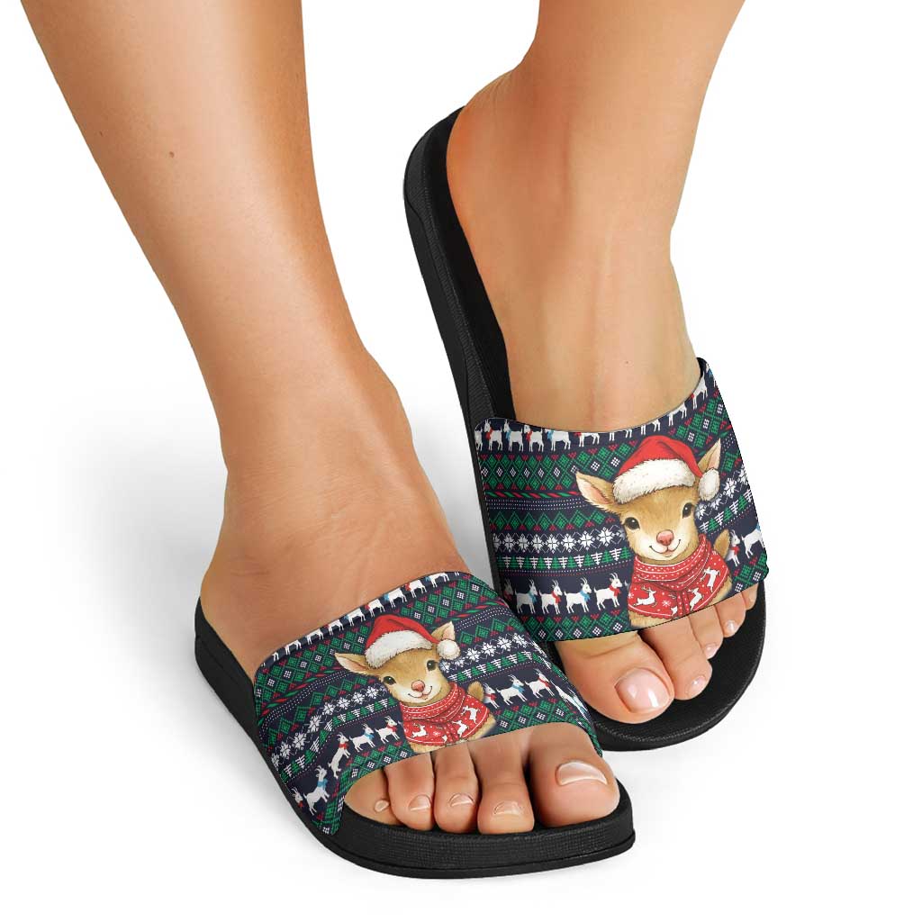 Cute Reindeer in Santa Hat Slide Sandals with Red Green Snowflake Knit Pattern Design - Wonder Print Shop