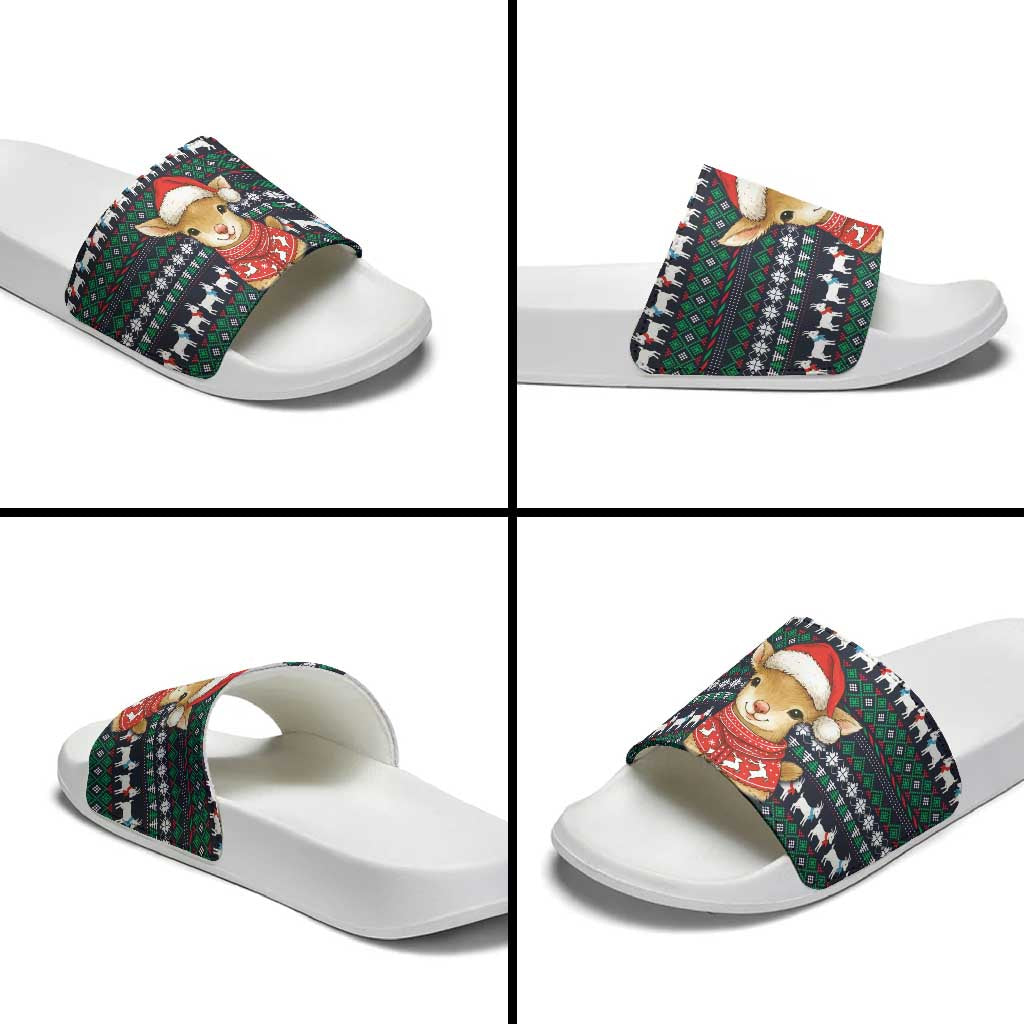 Cute Reindeer in Santa Hat Slide Sandals with Red Green Snowflake Knit Pattern Design - Wonder Print Shop