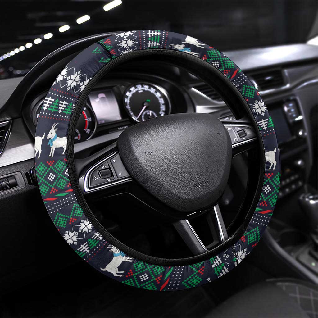Cute Reindeer in Santa Hat Steering Wheel Cover with Red Green Snowflake Knit Pattern Design - Wonder Print Shop