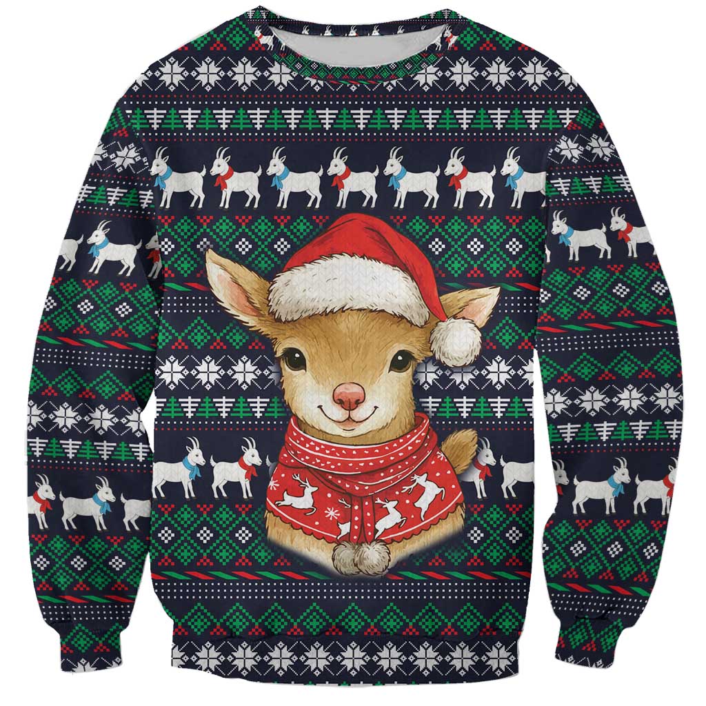 Cute Reindeer in Santa Hat Sweatshirt with Red Green Snowflake Knit Pattern Design - Wonder Print Shop