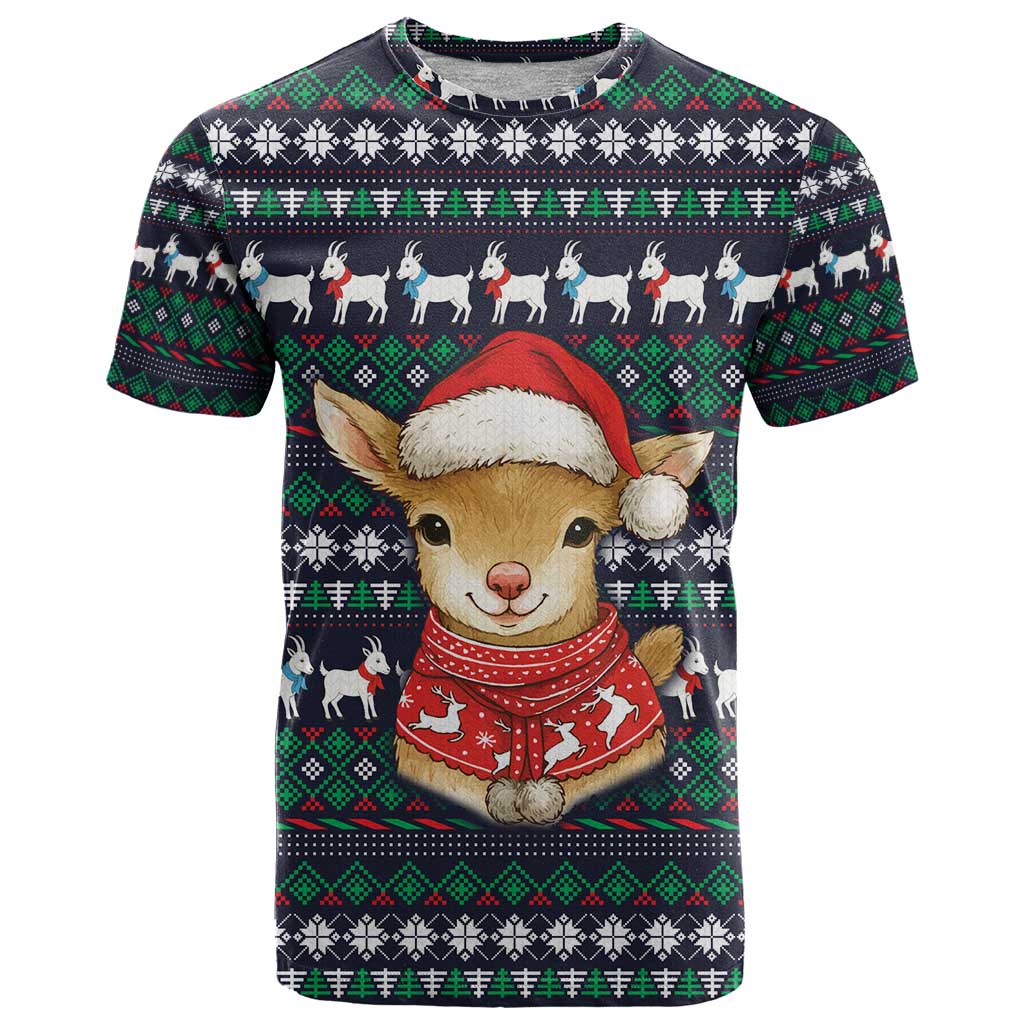 Cute Reindeer in Santa Hat T Shirt with Red Green Snowflake Knit Pattern Design - Wonder Print Shop