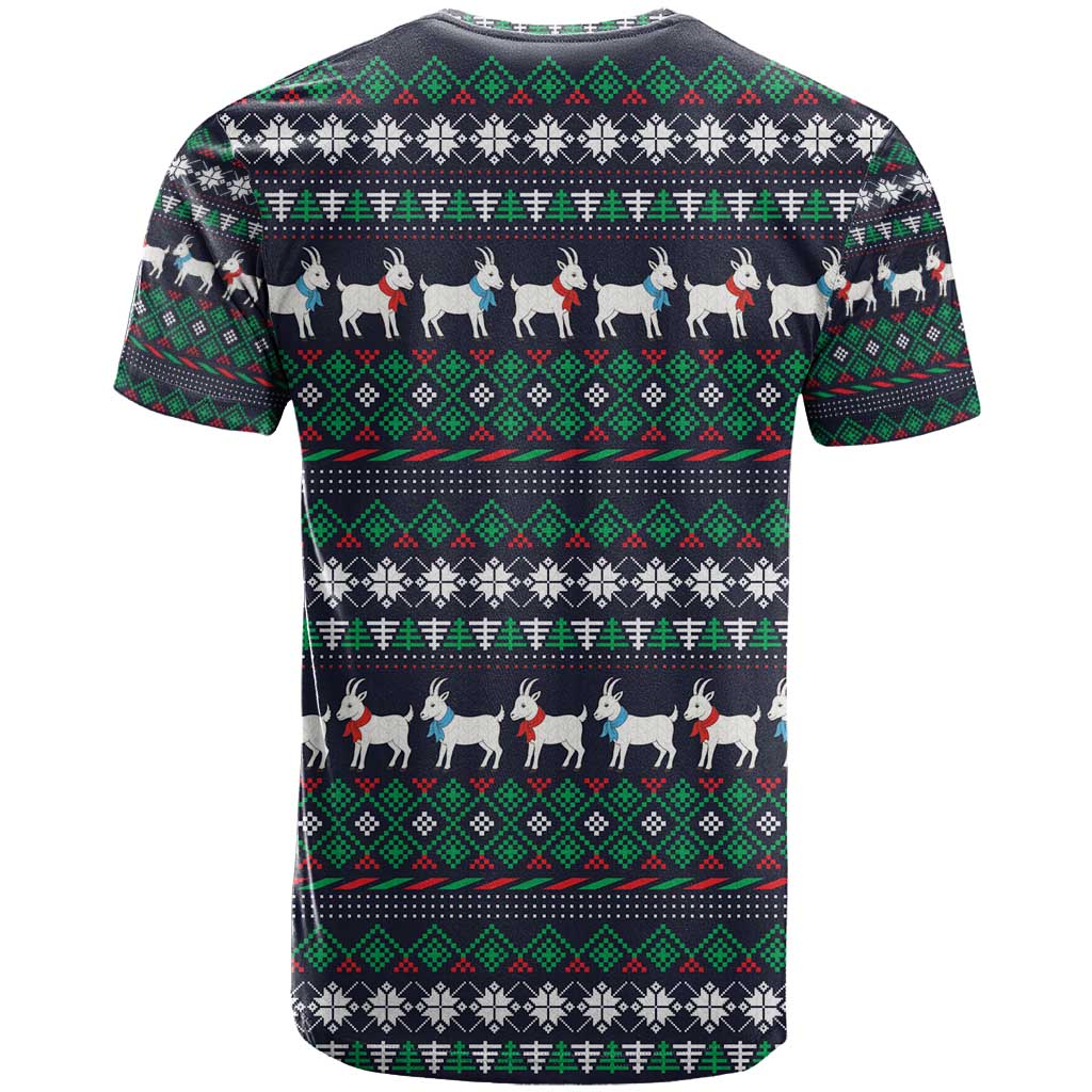 Cute Reindeer in Santa Hat T Shirt with Red Green Snowflake Knit Pattern Design - Wonder Print Shop