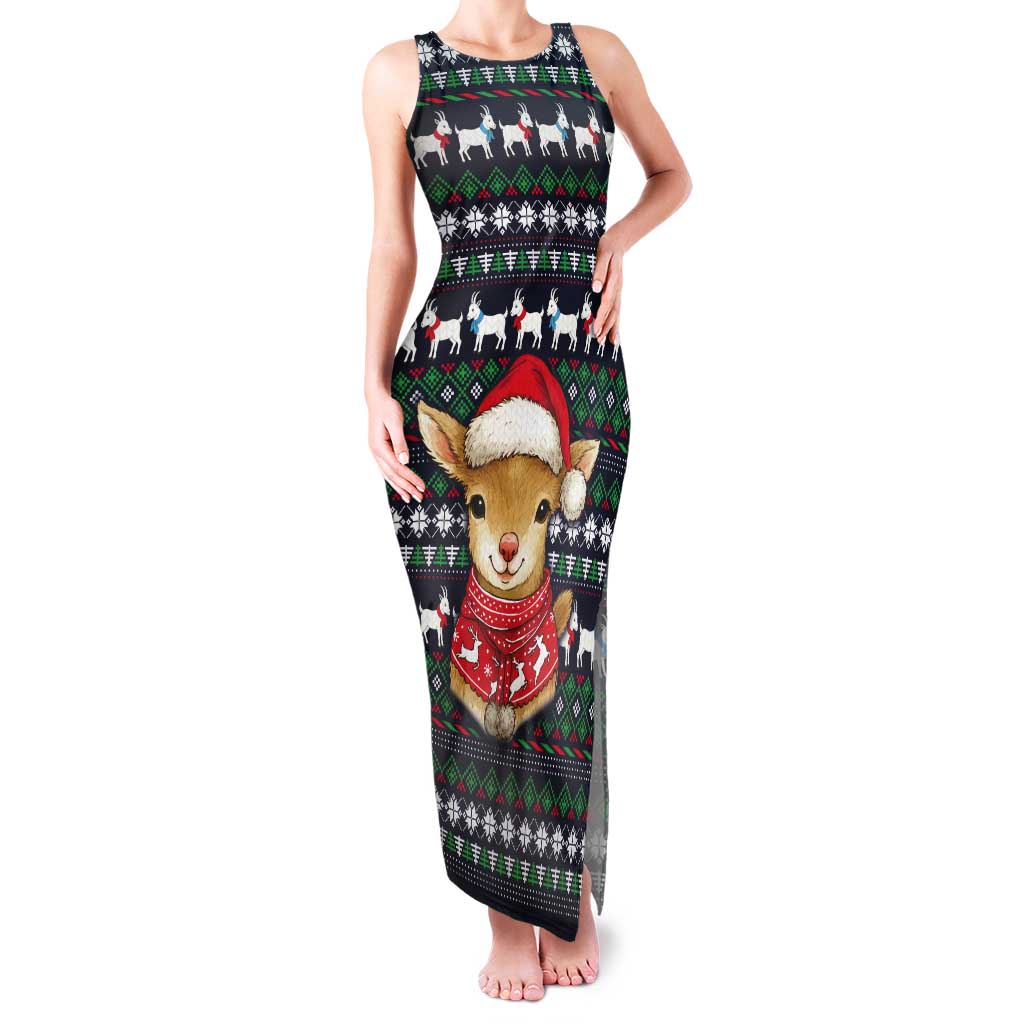 Cute Reindeer in Santa Hat Tank Maxi Dress with Red Green Snowflake Knit Pattern Design - Wonder Print Shop