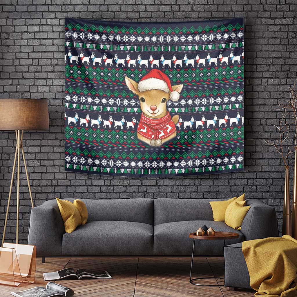 Cute Reindeer in Santa Hat Tapestry with Red Green Snowflake Knit Pattern Design - Wonder Print Shop