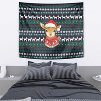 Cute Reindeer in Santa Hat Tapestry with Red Green Snowflake Knit Pattern Design - Wonder Print Shop