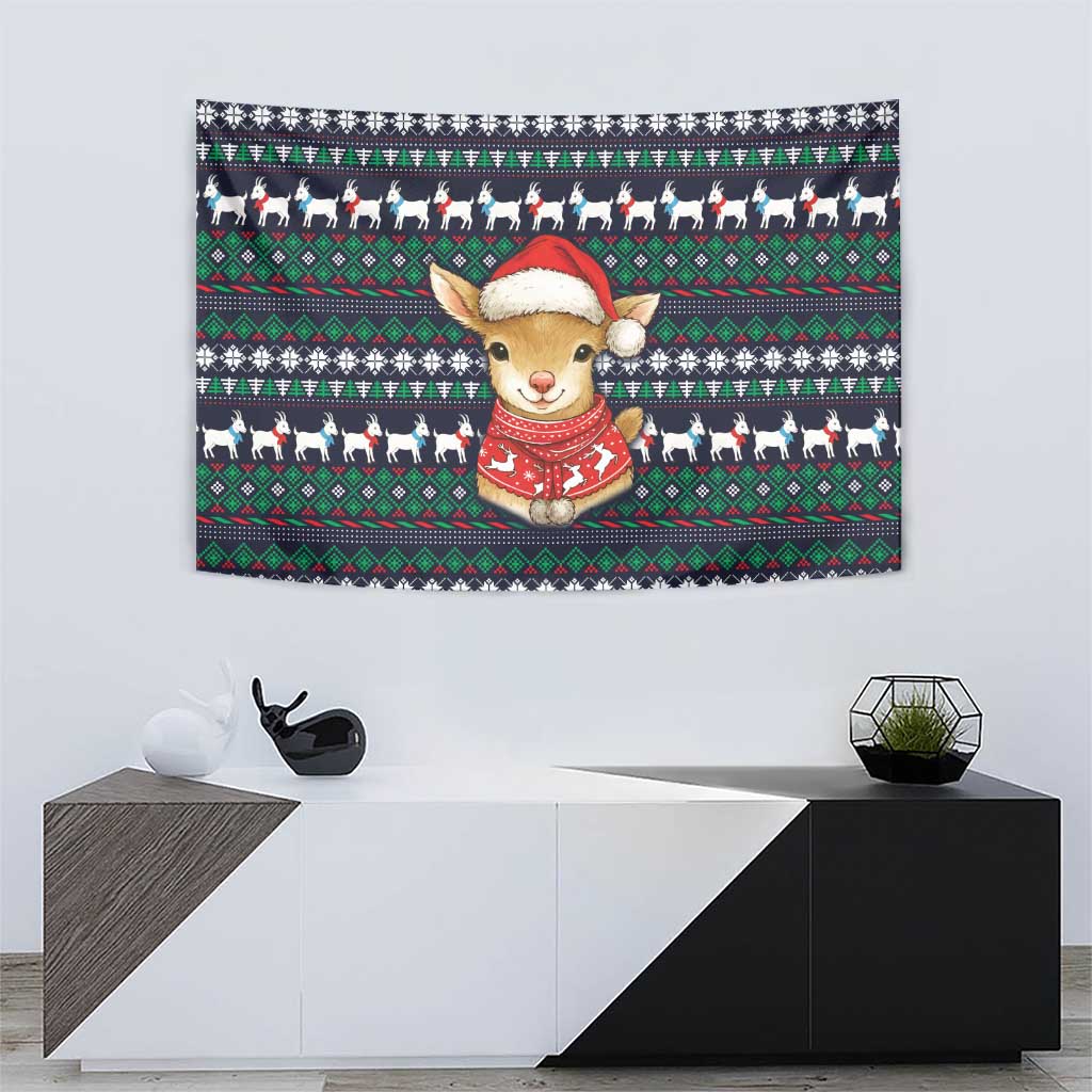 Cute Reindeer in Santa Hat Tapestry with Red Green Snowflake Knit Pattern Design - Wonder Print Shop