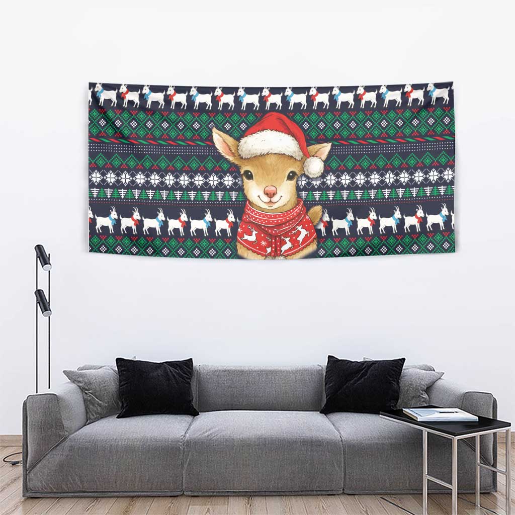 Cute Reindeer in Santa Hat Tapestry with Red Green Snowflake Knit Pattern Design - Wonder Print Shop