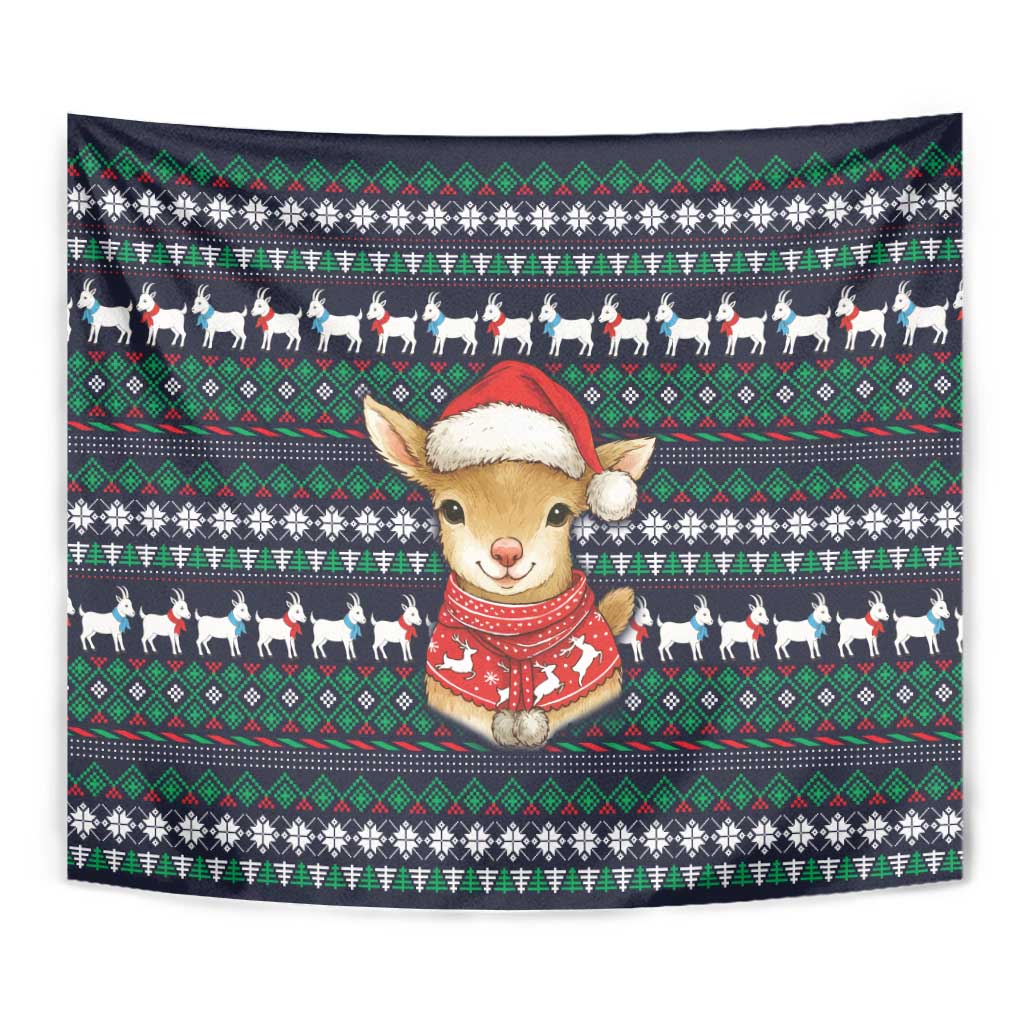 Cute Reindeer in Santa Hat Tapestry with Red Green Snowflake Knit Pattern Design - Wonder Print Shop