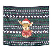 Cute Reindeer in Santa Hat Tapestry with Red Green Snowflake Knit Pattern Design - Wonder Print Shop