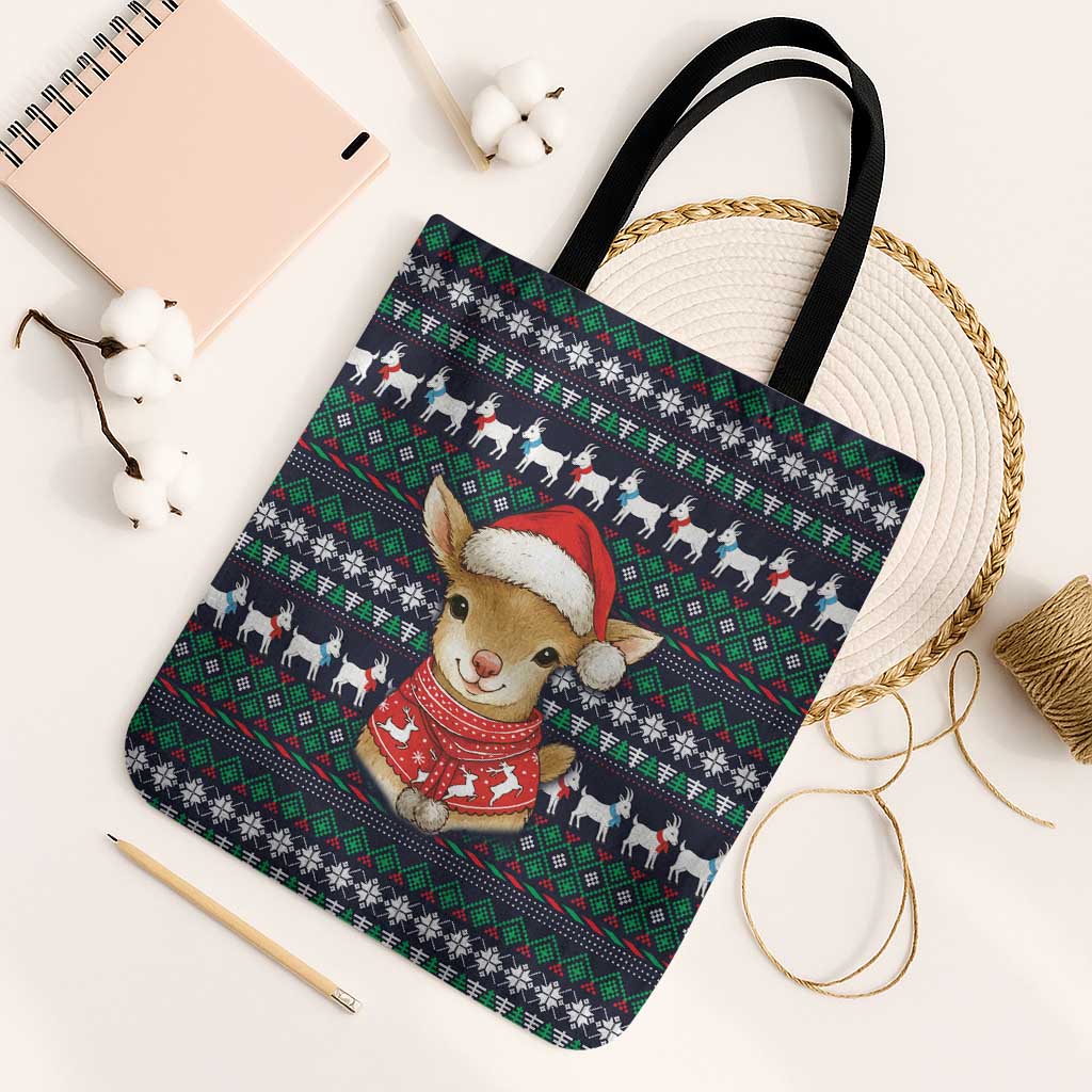Cute Reindeer in Santa Hat Tote Bag with Red Green Snowflake Knit Pattern Design - Wonder Print Shop