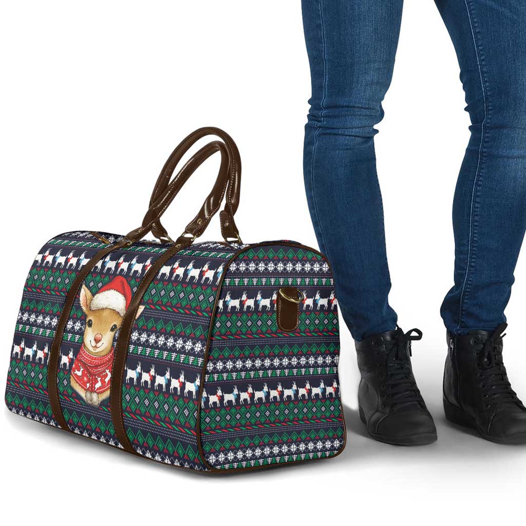 Cute Reindeer in Santa Hat Travel Bag with Red Green Snowflake Knit Pattern Design - Wonder Print Shop