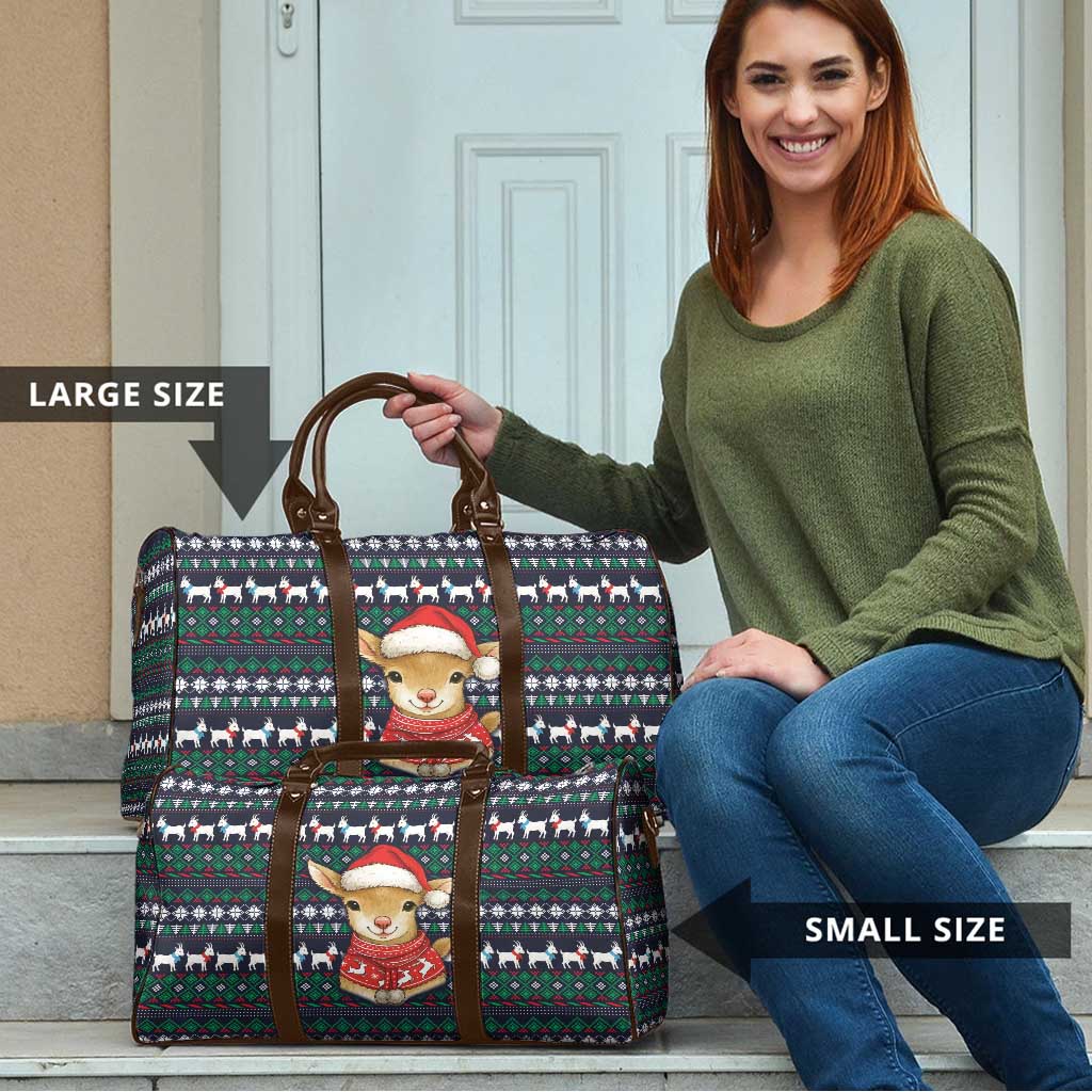 Cute Reindeer in Santa Hat Travel Bag with Red Green Snowflake Knit Pattern Design - Wonder Print Shop