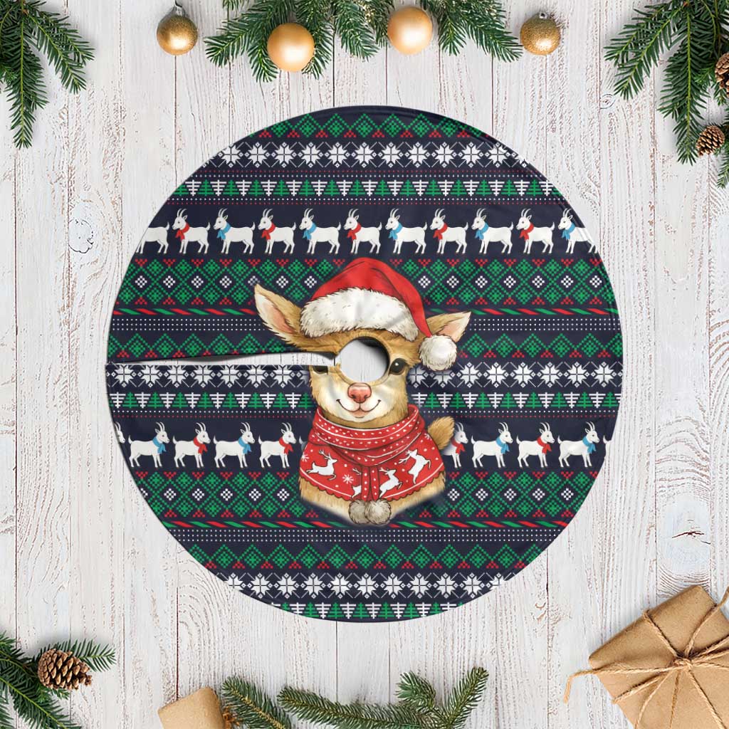 Cute Reindeer in Santa Hat Tree Skirt with Red Green Snowflake Knit Pattern Design - Wonder Print Shop
