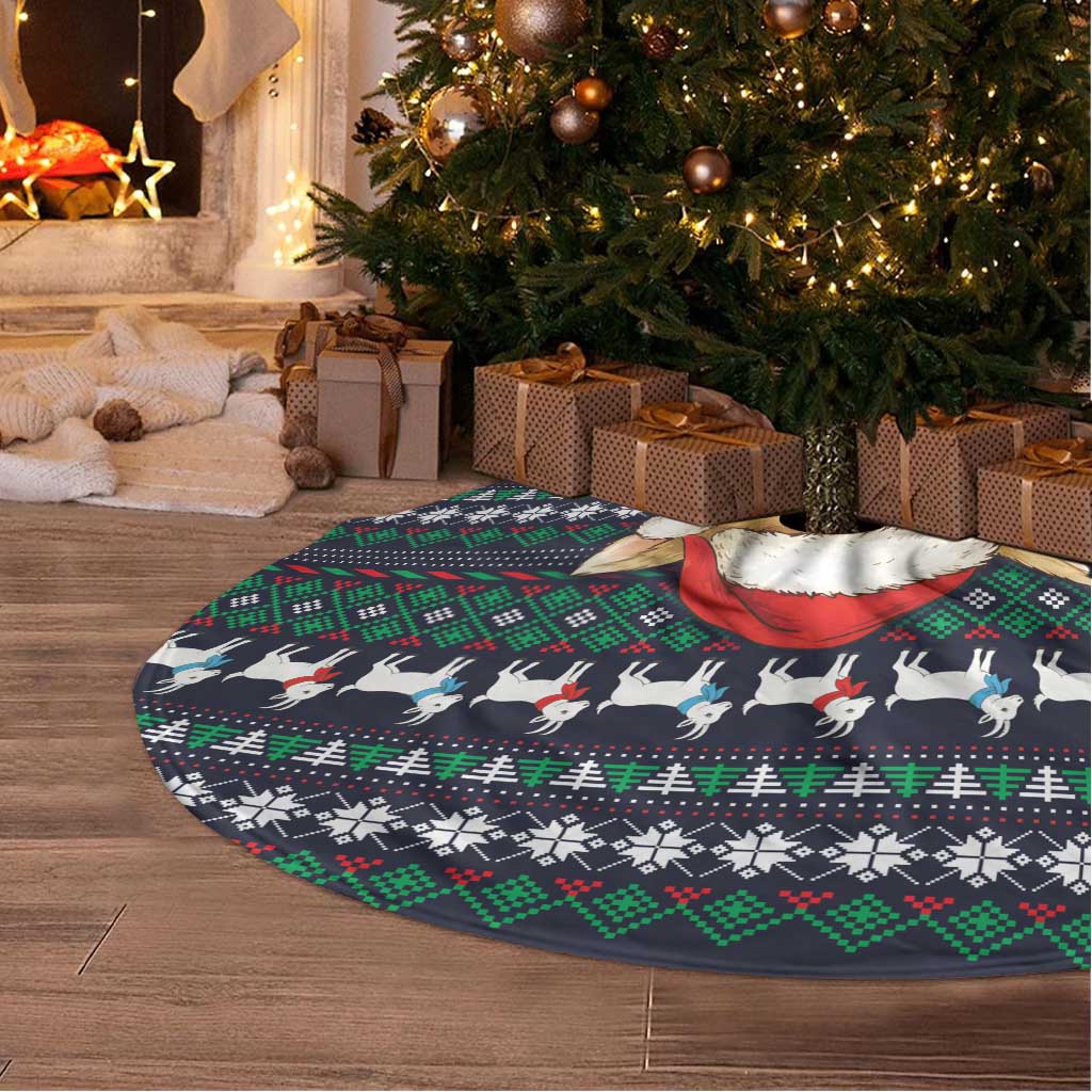 Cute Reindeer in Santa Hat Tree Skirt with Red Green Snowflake Knit Pattern Design - Wonder Print Shop