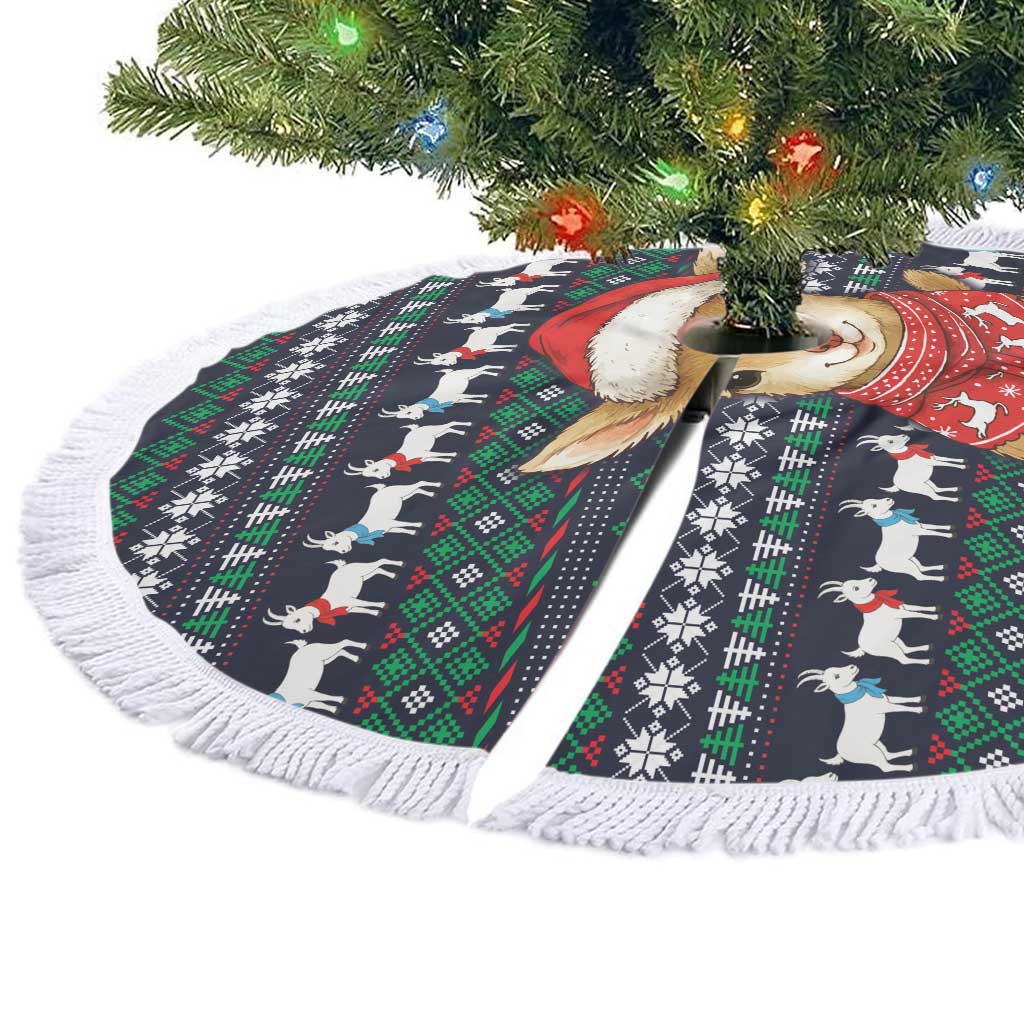 Cute Reindeer in Santa Hat Tree Skirt with Red Green Snowflake Knit Pattern Design - Wonder Print Shop