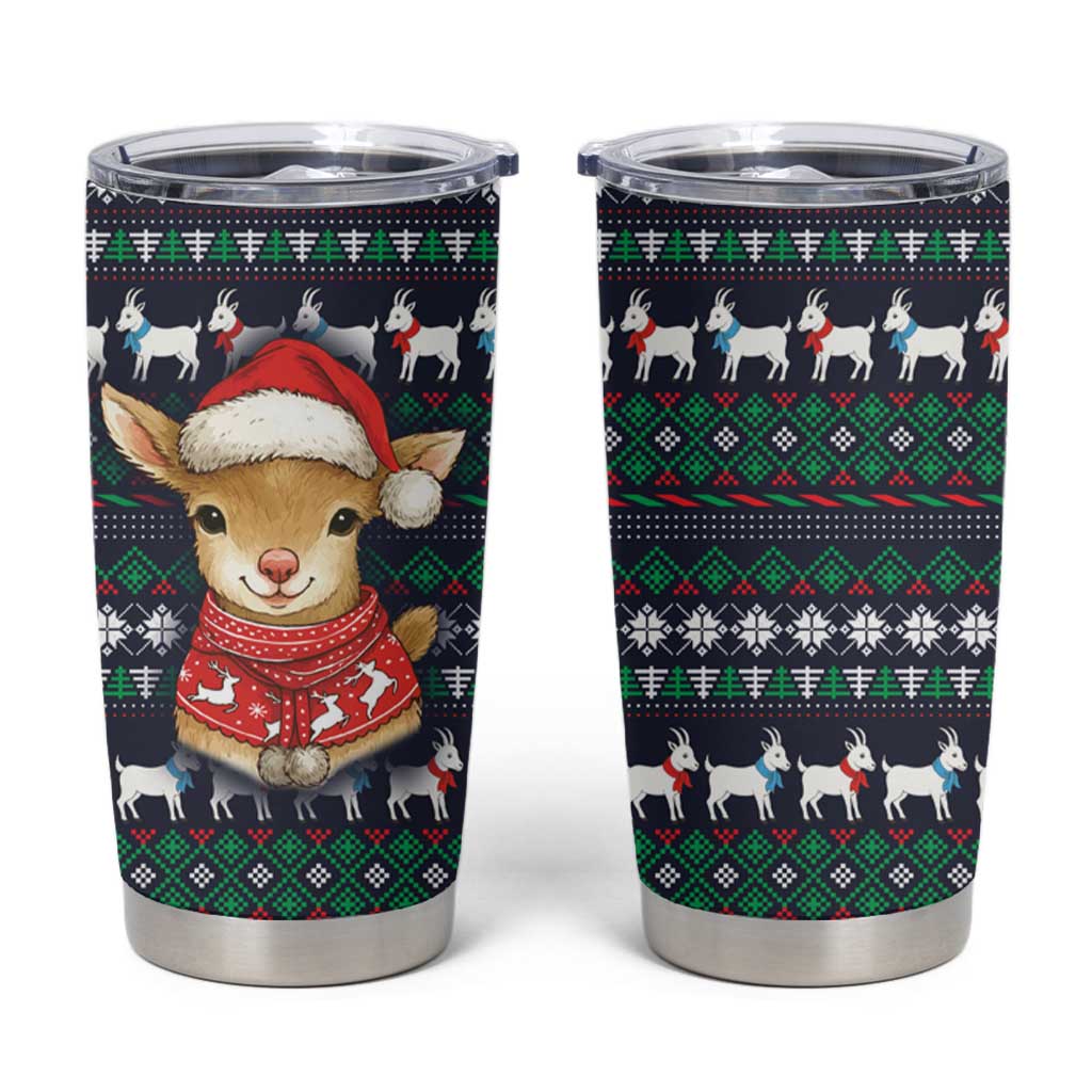 Cute Reindeer in Santa Hat Tumbler Cup with Red Green Snowflake Knit Pattern Design - Wonder Print Shop