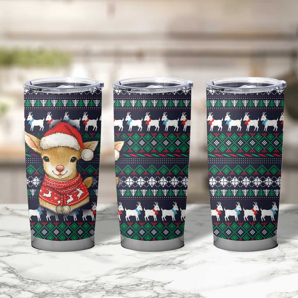 Cute Reindeer in Santa Hat Tumbler Cup with Red Green Snowflake Knit Pattern Design - Wonder Print Shop