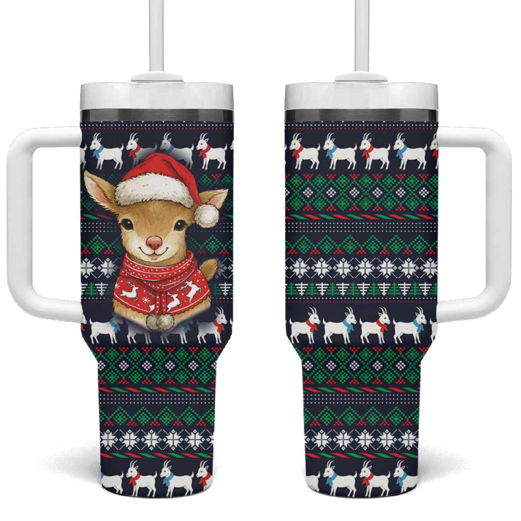 Cute Reindeer in Santa Hat Tumbler With Handle with Red Green Snowflake Knit Pattern Design - Wonder Print Shop