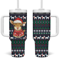 Cute Reindeer in Santa Hat Tumbler With Handle with Red Green Snowflake Knit Pattern Design - Wonder Print Shop