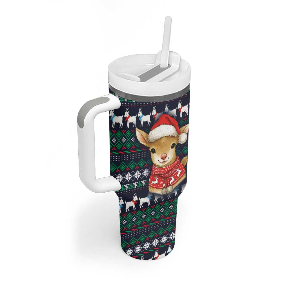 Cute Reindeer in Santa Hat Tumbler With Handle with Red Green Snowflake Knit Pattern Design - Wonder Print Shop