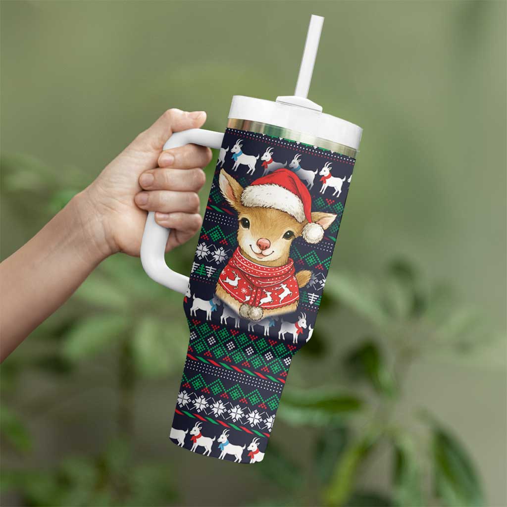 Cute Reindeer in Santa Hat Tumbler With Handle with Red Green Snowflake Knit Pattern Design - Wonder Print Shop
