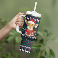 Cute Reindeer in Santa Hat Tumbler With Handle with Red Green Snowflake Knit Pattern Design - Wonder Print Shop
