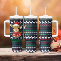 Cute Reindeer in Santa Hat Tumbler With Handle with Red Green Snowflake Knit Pattern Design - Wonder Print Shop