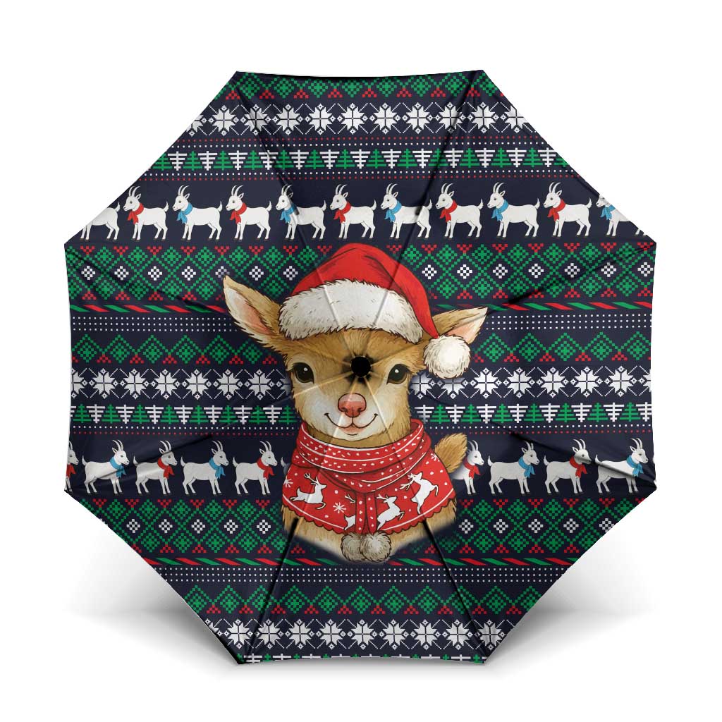 Cute Reindeer in Santa Hat Umbrella with Red Green Snowflake Knit Pattern Design - Wonder Print Shop