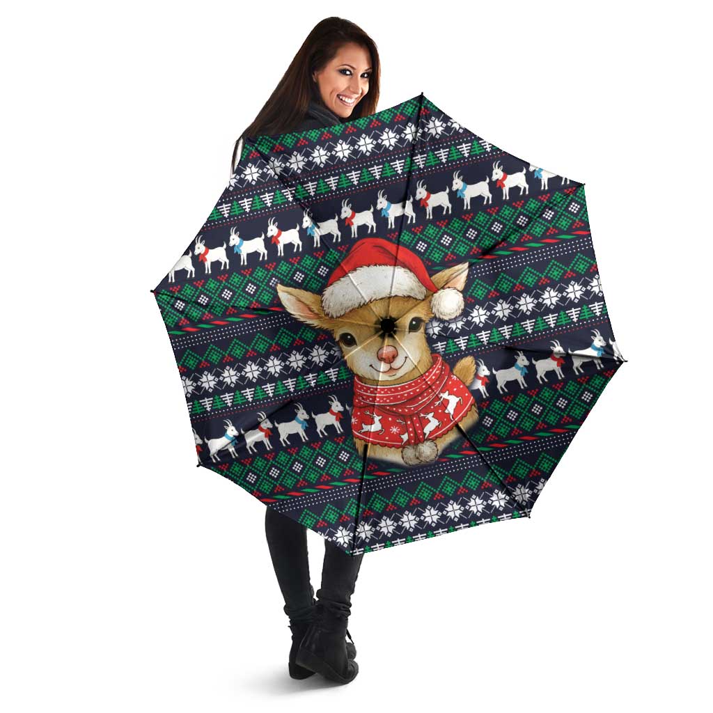 Cute Reindeer in Santa Hat Umbrella with Red Green Snowflake Knit Pattern Design - Wonder Print Shop