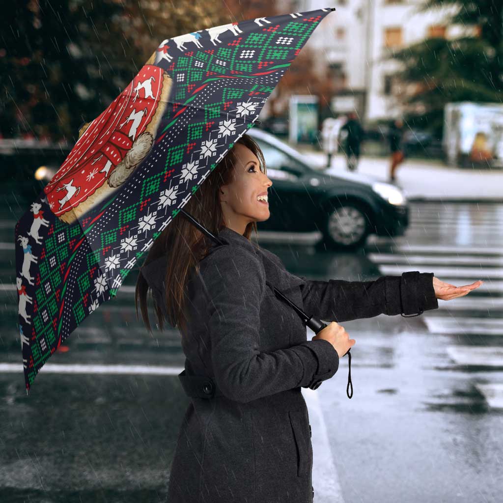 Cute Reindeer in Santa Hat Umbrella with Red Green Snowflake Knit Pattern Design - Wonder Print Shop