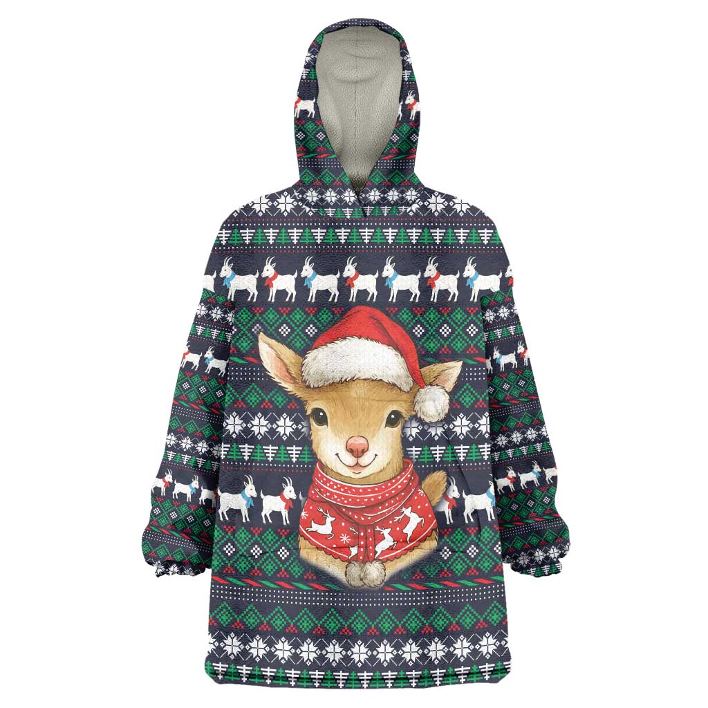 Cute Reindeer in Santa Hat Wearable Blanket Hoodie with Red Green Snowflake Knit Pattern Design - Wonder Print Shop