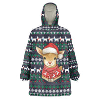 Cute Reindeer in Santa Hat Wearable Blanket Hoodie with Red Green Snowflake Knit Pattern Design - Wonder Print Shop