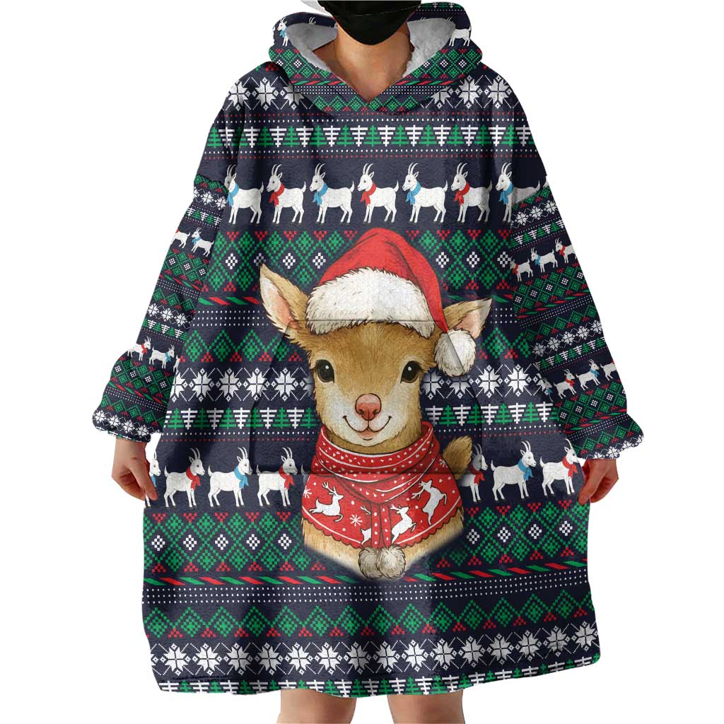 Cute Reindeer in Santa Hat Wearable Blanket Hoodie with Red Green Snowflake Knit Pattern Design - Wonder Print Shop